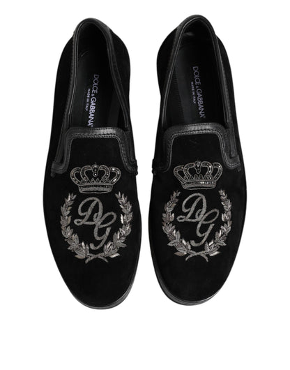 Dolce &amp; Gabbana Black Embroidered Crown Loafers Shoes