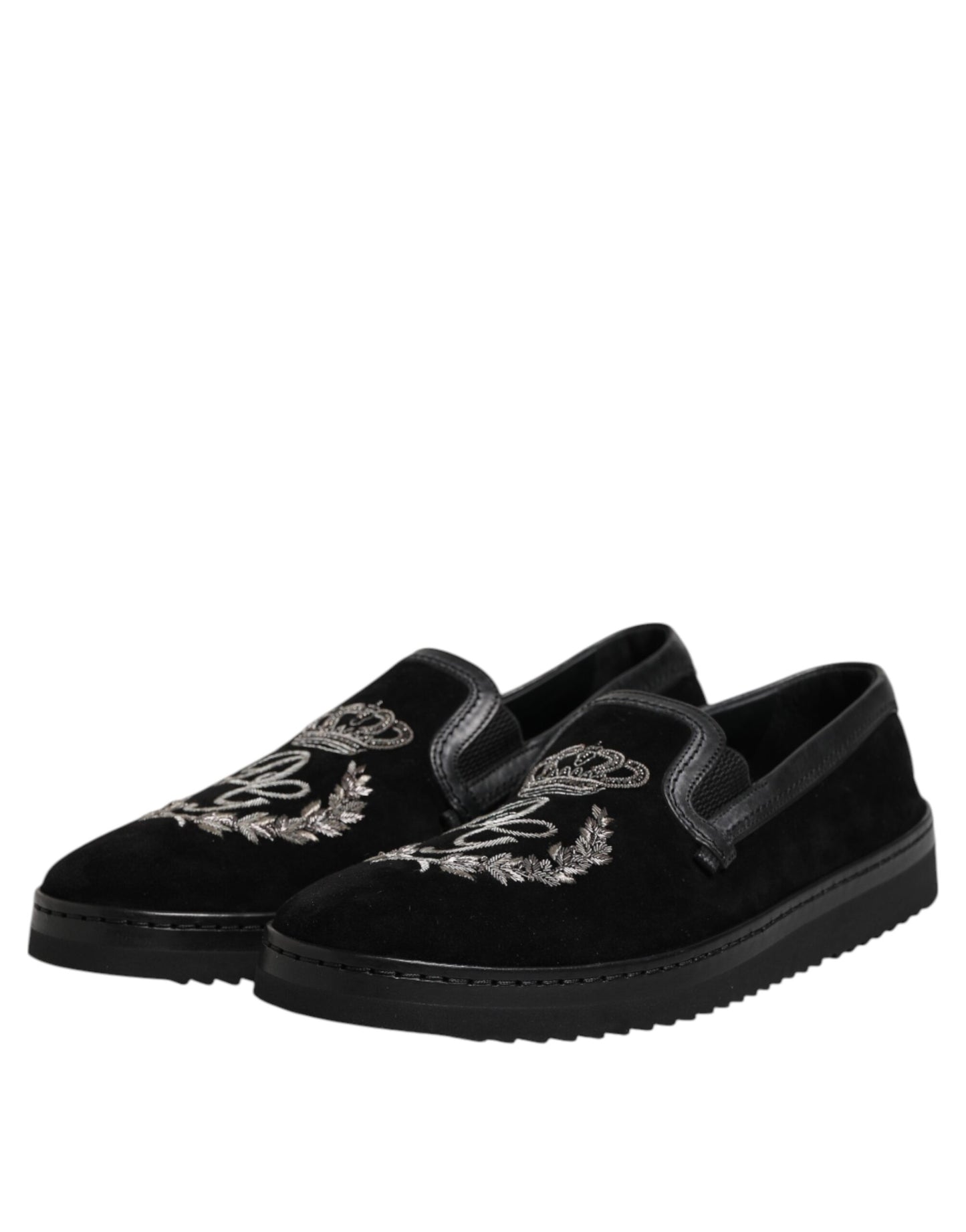Dolce &amp; Gabbana Black Embroidered Crown Loafers Shoes