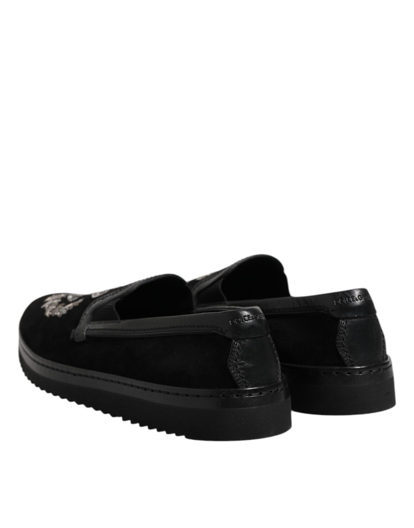 Dolce &amp; Gabbana Black Embroidered Crown Loafers Shoes
