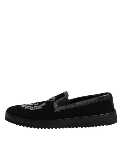 Dolce &amp; Gabbana Black Embroidered Crown Loafers Shoes