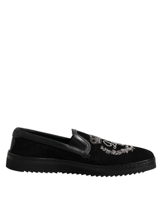Dolce &amp; Gabbana Black Embroidered Crown Loafers Shoes