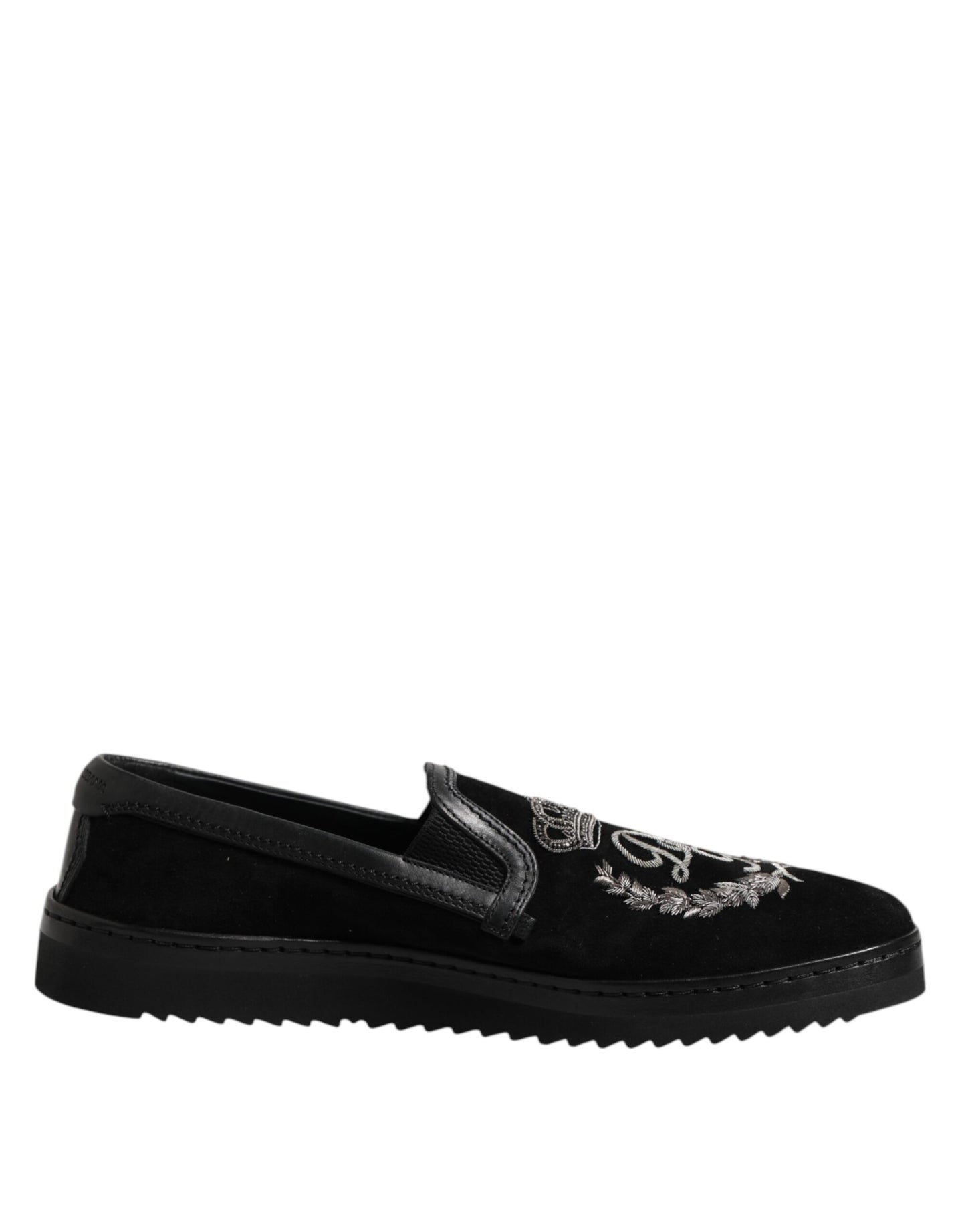 Dolce &amp; Gabbana Black Embroidered Crown Loafers Shoes
