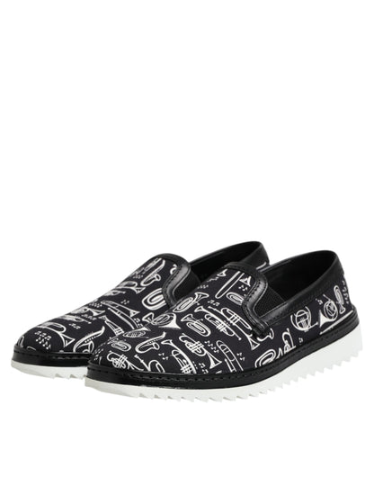 Dolce &amp; Gabbana Black Slip On Printed Men Loafers Shoes