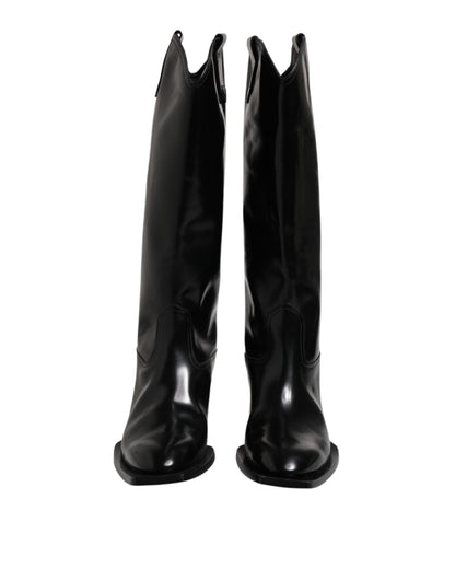 Dolce &amp; Gabbana Black Calfskin Leather Logo High Boots Shoes