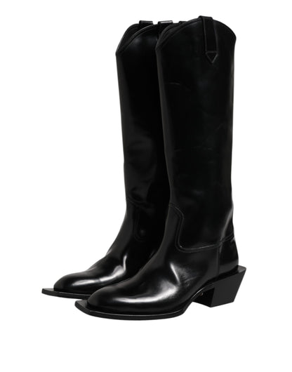 Dolce &amp; Gabbana Black Calfskin Leather Logo High Boots Shoes