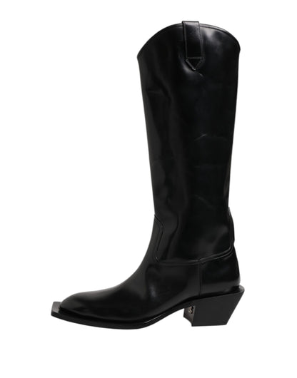 Dolce &amp; Gabbana Black Calfskin Leather Logo High Boots Shoes