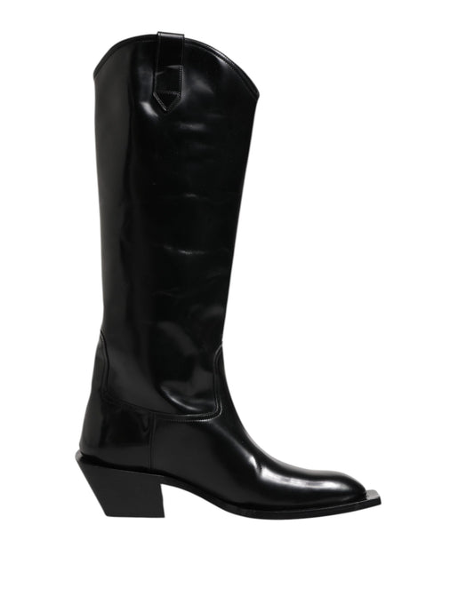 Dolce &amp; Gabbana Black Calfskin Leather Logo High Boots Shoes