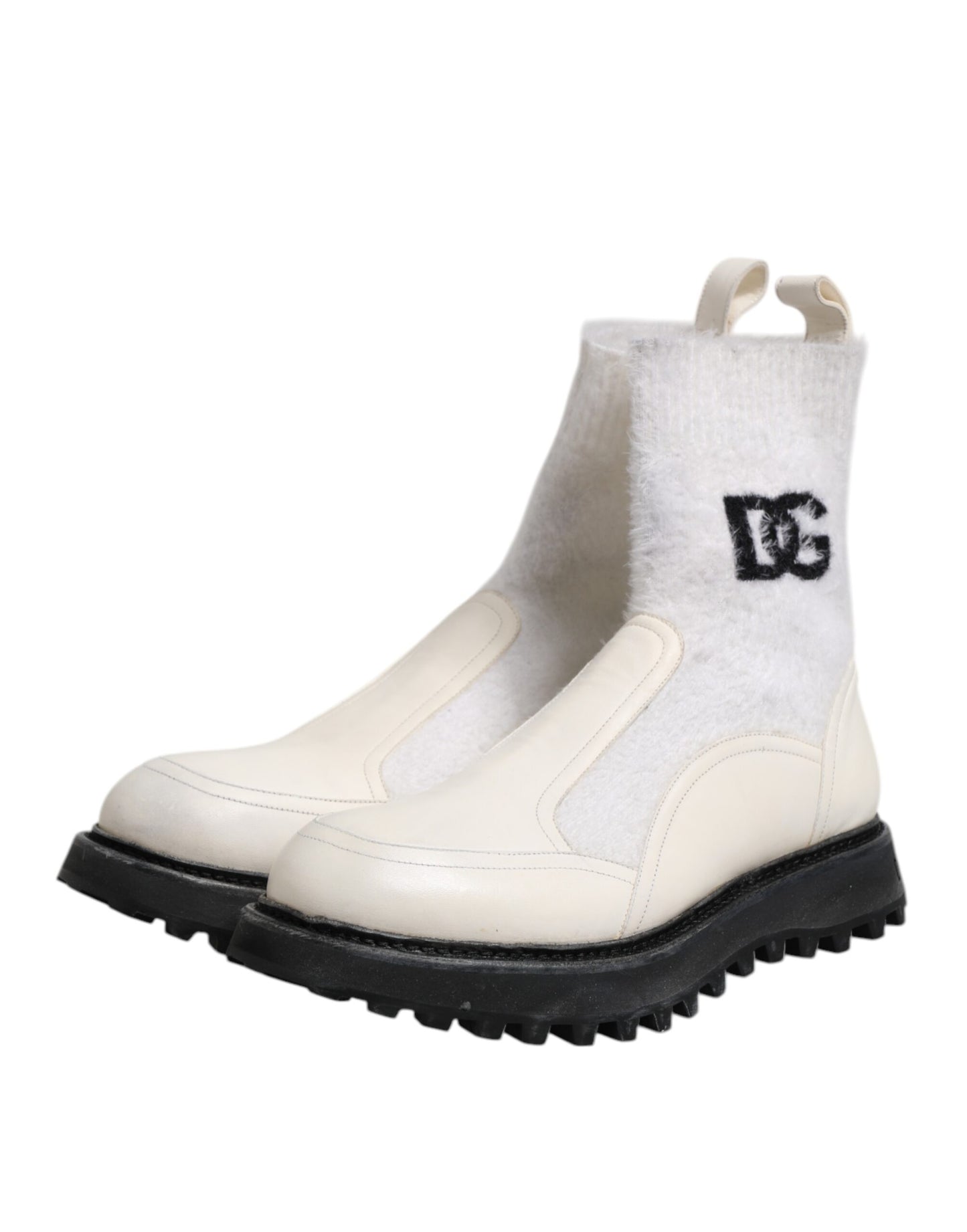 Dolce &amp; Gabbana White Beige DG Logo Mid Calf Boots Shoes