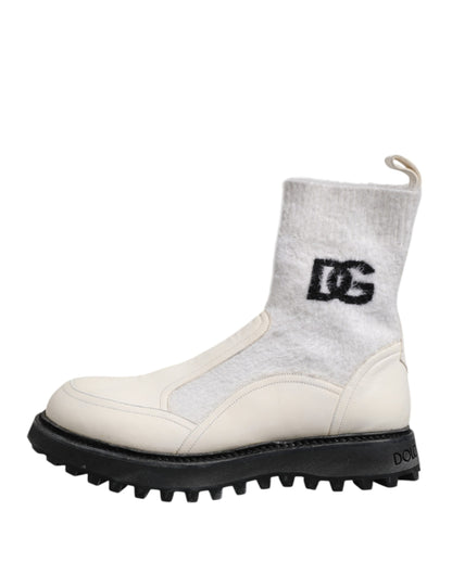 Dolce &amp; Gabbana White Beige DG Logo Mid Calf Boots Shoes