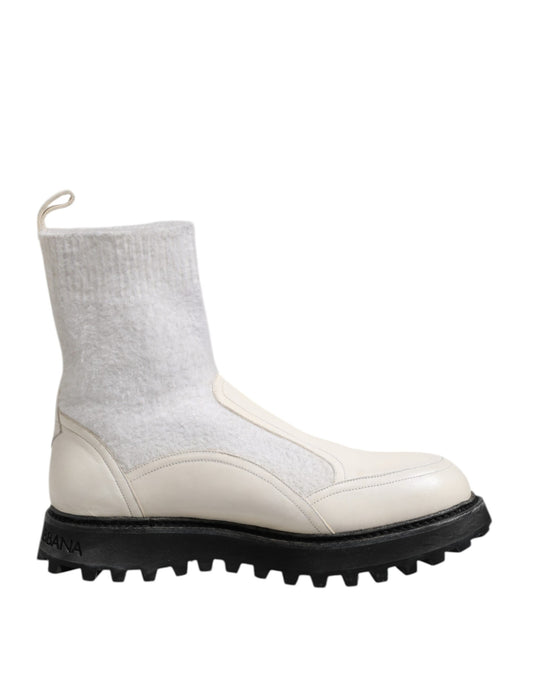 Dolce &amp; Gabbana White Beige DG Logo Mid Calf Boots Shoes