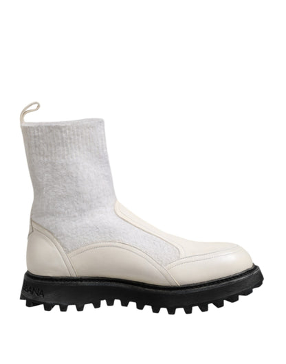 Dolce &amp; Gabbana White Beige DG Logo Mid Calf Boots Shoes