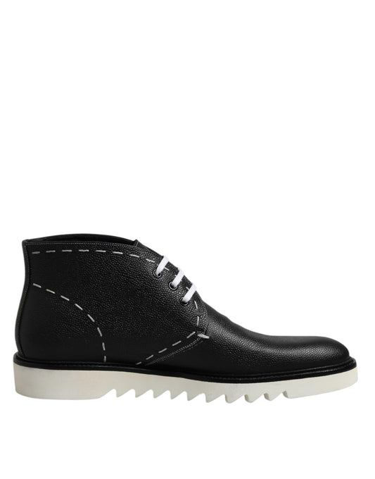 Dolce &amp; Gabbana Black White Leather Ankle Boots Shoes