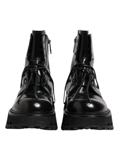 Dolce &amp; Gabbana Black Leather Logo Ankle Boots Lace Up Shoes