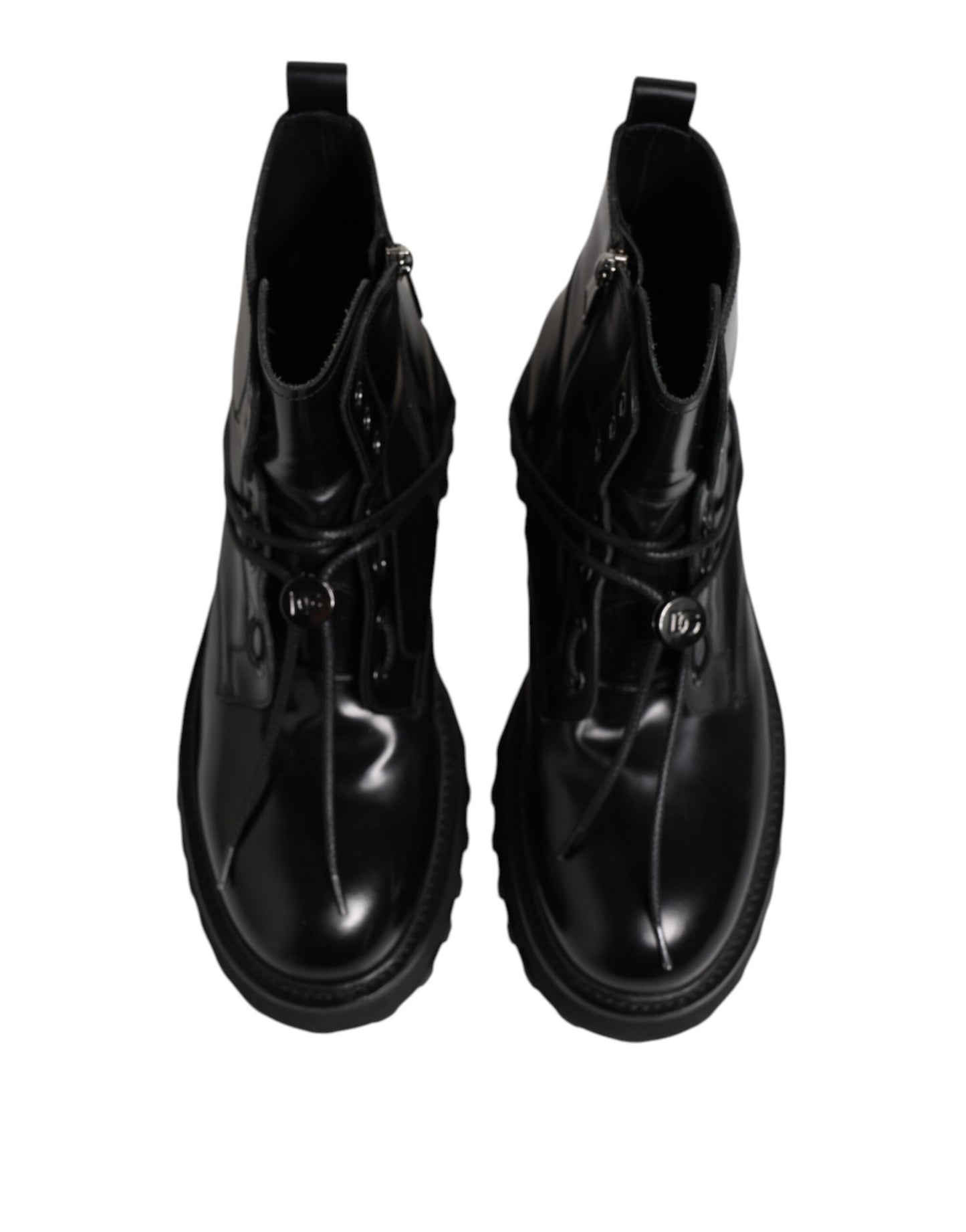 Dolce &amp; Gabbana Black Leather Logo Ankle Boots Lace Up Shoes