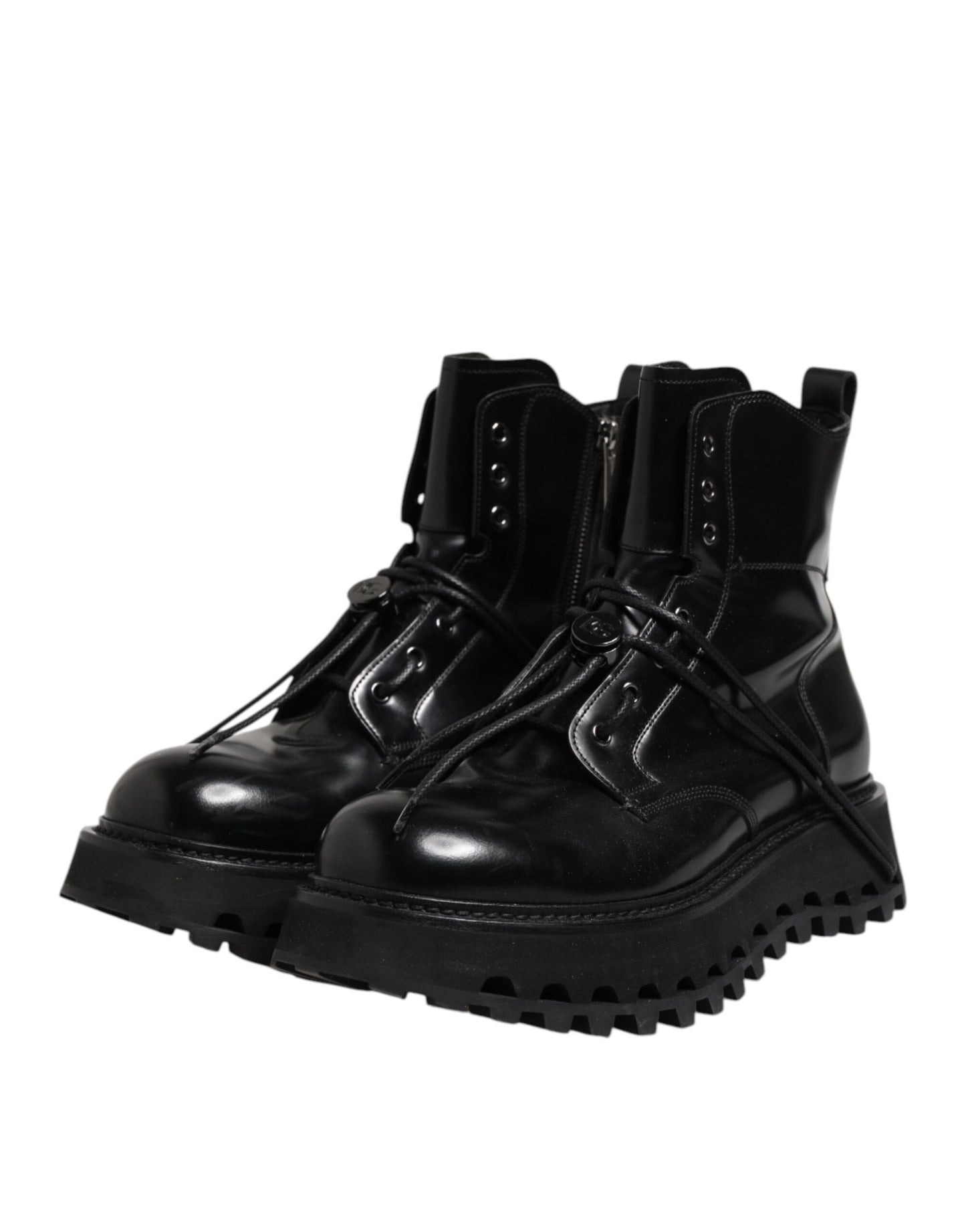 Dolce &amp; Gabbana Black Leather Logo Ankle Boots Lace Up Shoes