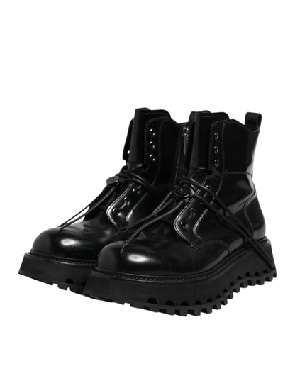Dolce &amp; Gabbana Black Leather Logo Ankle Boots Lace Up Shoes