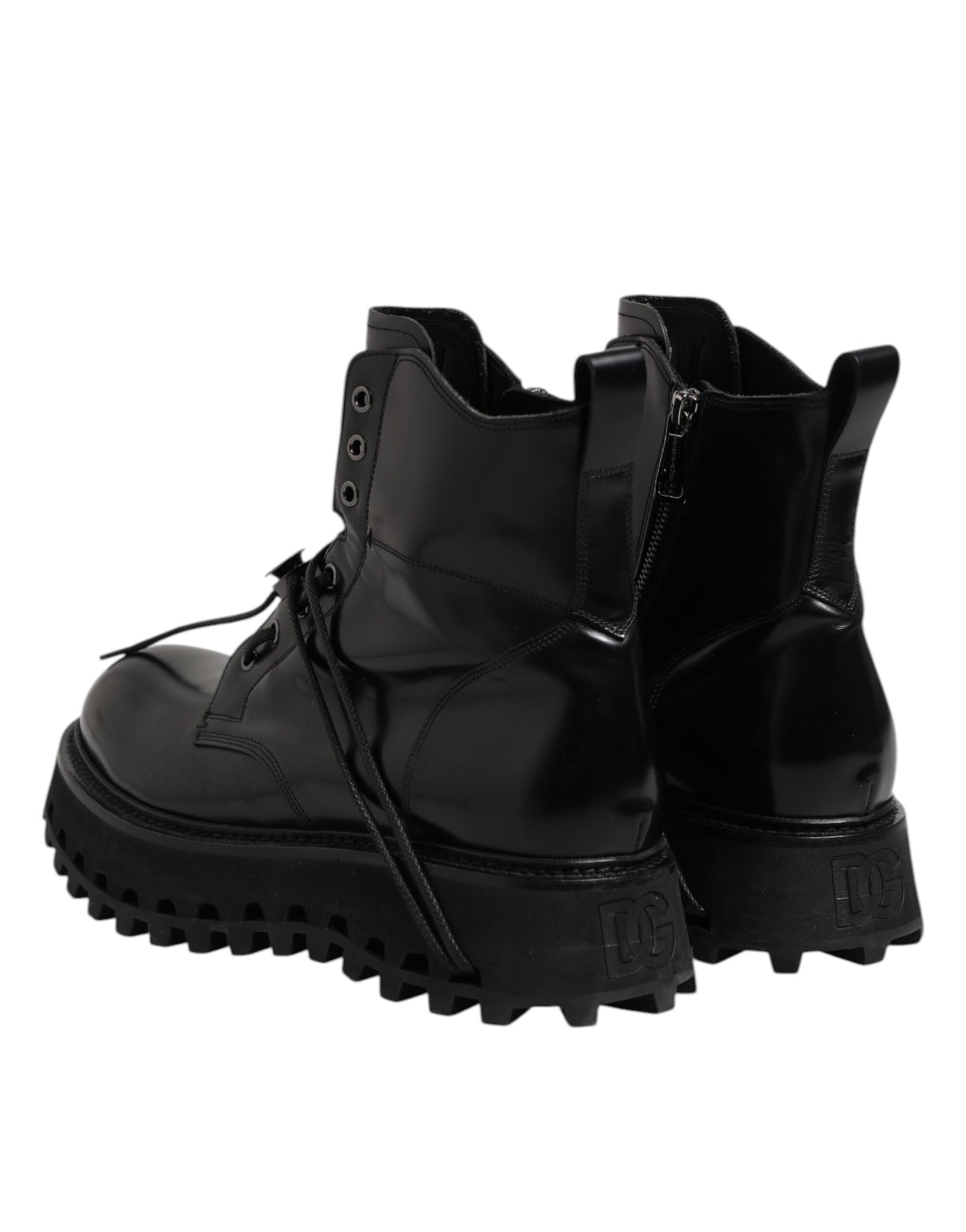 Dolce &amp; Gabbana Black Leather Logo Ankle Boots Lace Up Shoes
