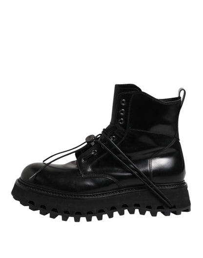 Dolce &amp; Gabbana Black Leather Logo Ankle Boots Lace Up Shoes