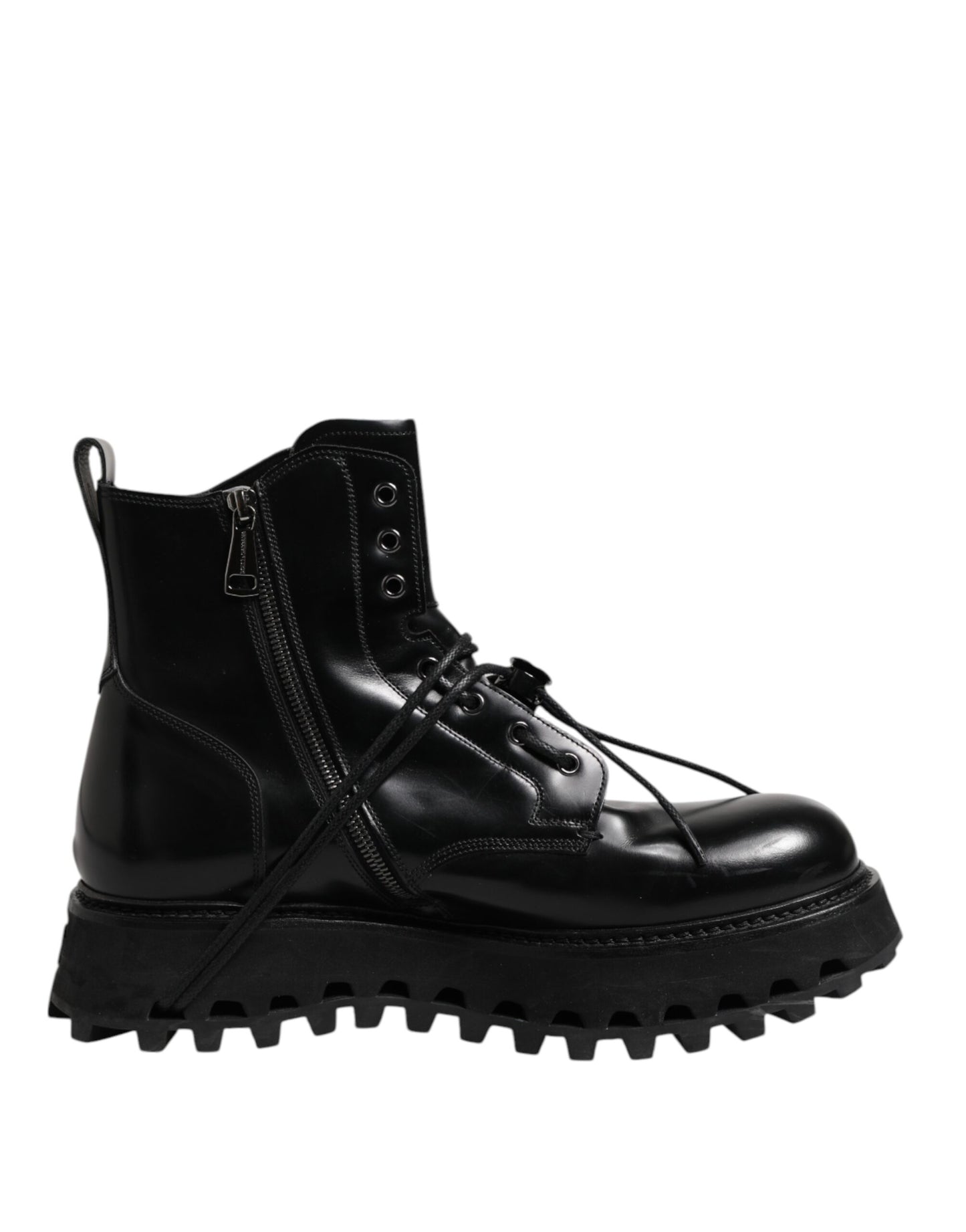 Dolce &amp; Gabbana Black Leather Logo Ankle Boots Lace Up Shoes