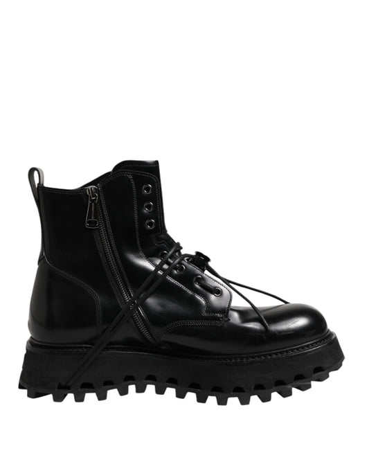 Dolce &amp; Gabbana Black Leather Logo Ankle Boots Lace Up Shoes