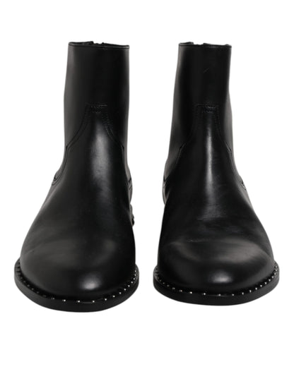 Dolce &amp; Gabbana Black Leather Logo Ankle Boots Studded Shoes