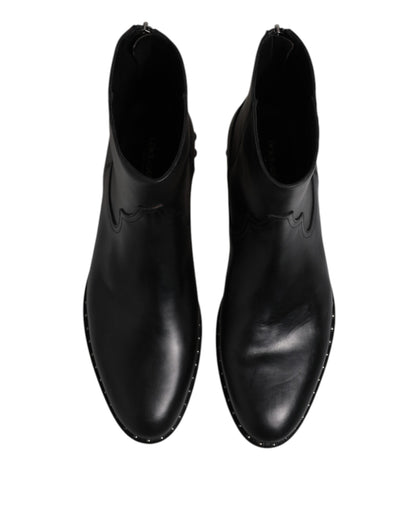 Dolce &amp; Gabbana Black Leather Logo Ankle Boots Studded Shoes