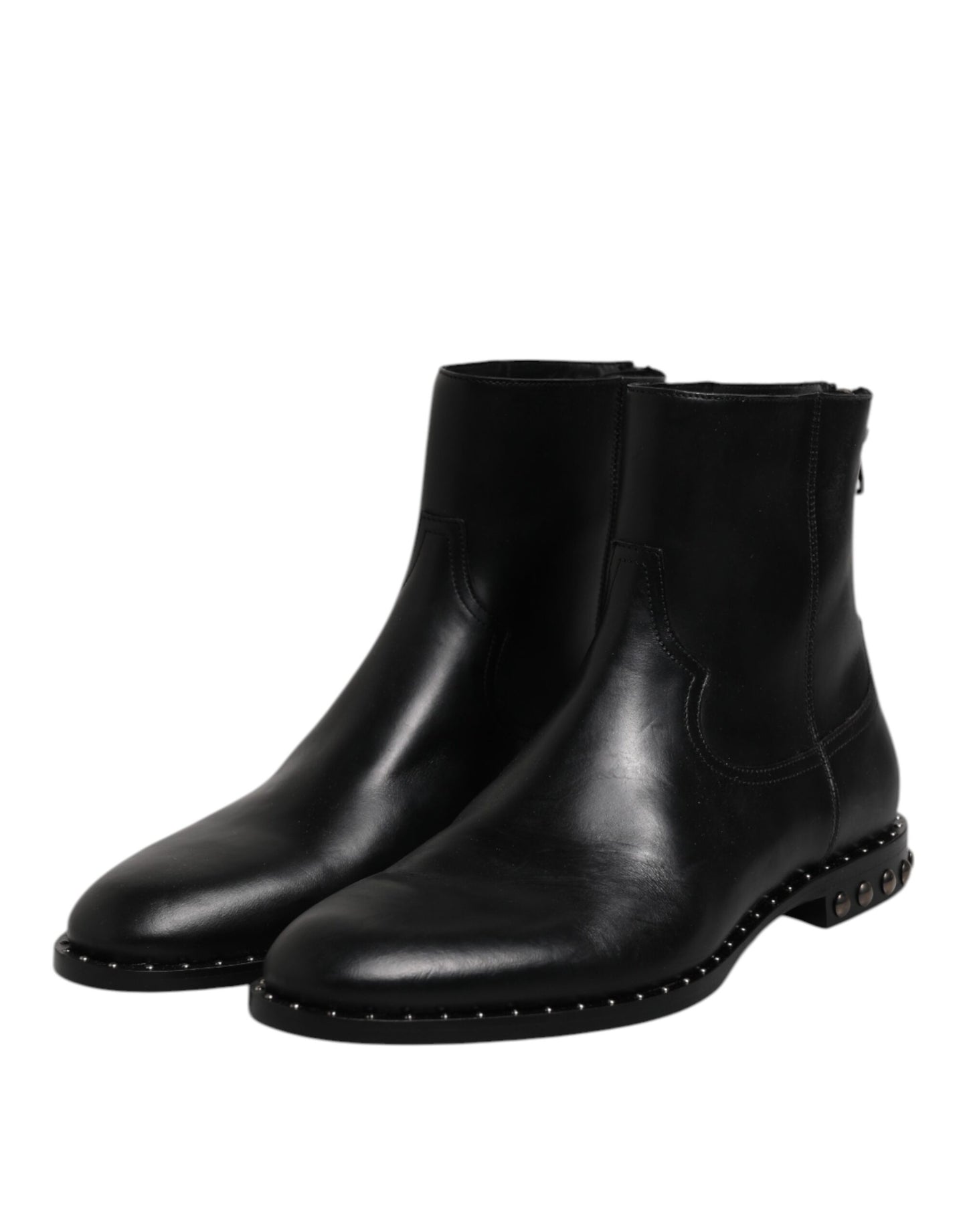 Dolce &amp; Gabbana Black Leather Logo Ankle Boots Studded Shoes