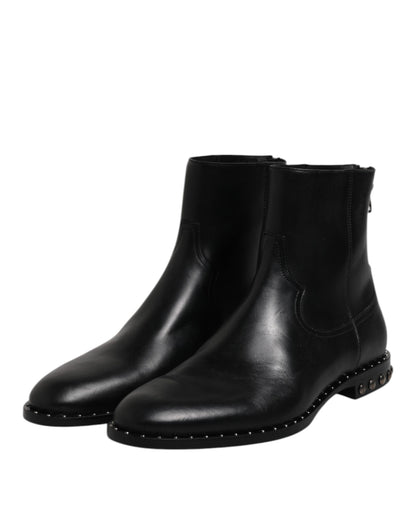 Dolce &amp; Gabbana Black Leather Logo Ankle Boots Studded Shoes