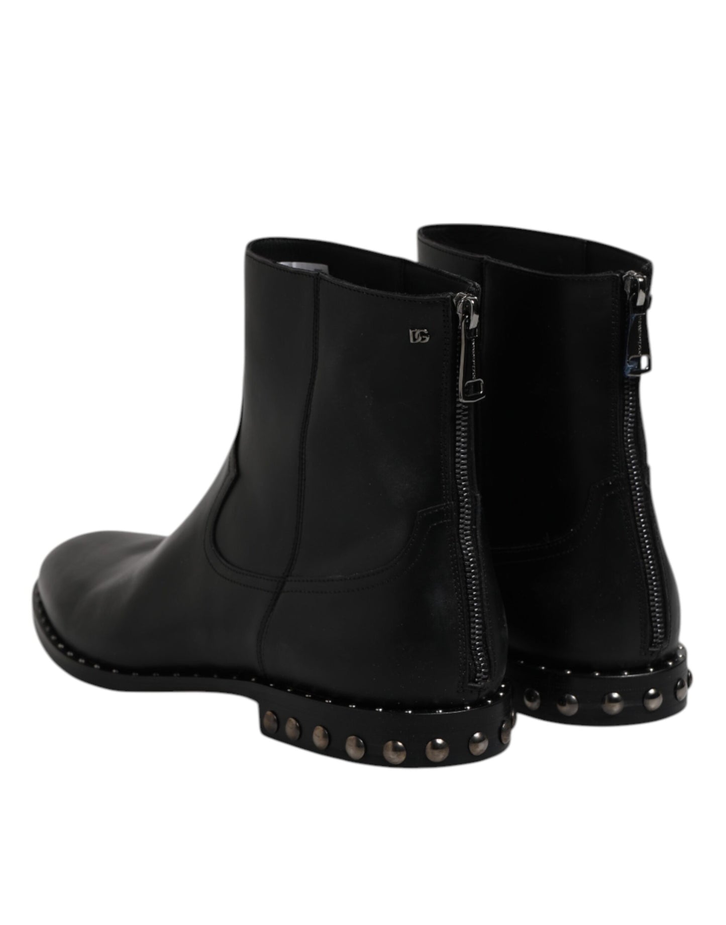 Dolce &amp; Gabbana Black Leather Logo Ankle Boots Studded Shoes