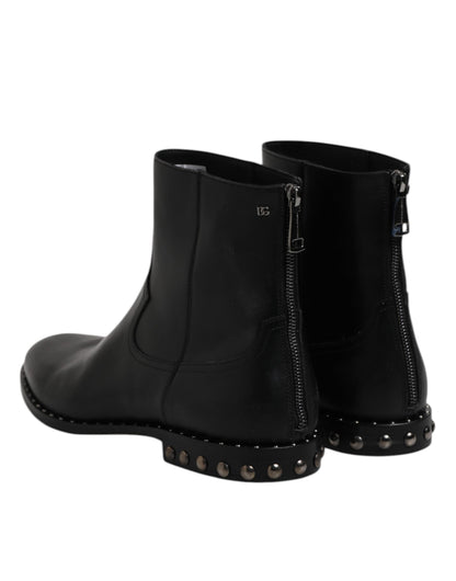 Dolce &amp; Gabbana Black Leather Logo Ankle Boots Studded Shoes