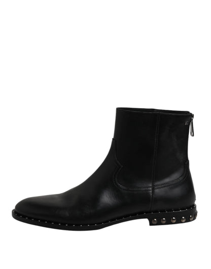 Dolce &amp; Gabbana Black Leather Logo Ankle Boots Studded Shoes