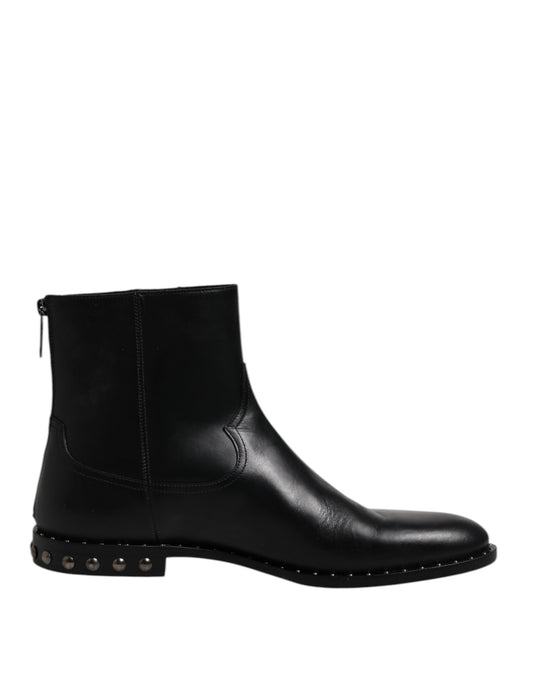 Dolce &amp; Gabbana Black Leather Logo Ankle Boots Studded Shoes