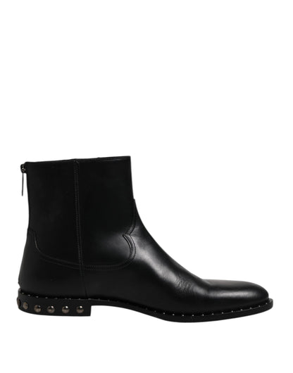 Dolce &amp; Gabbana Black Leather Logo Ankle Boots Studded Shoes