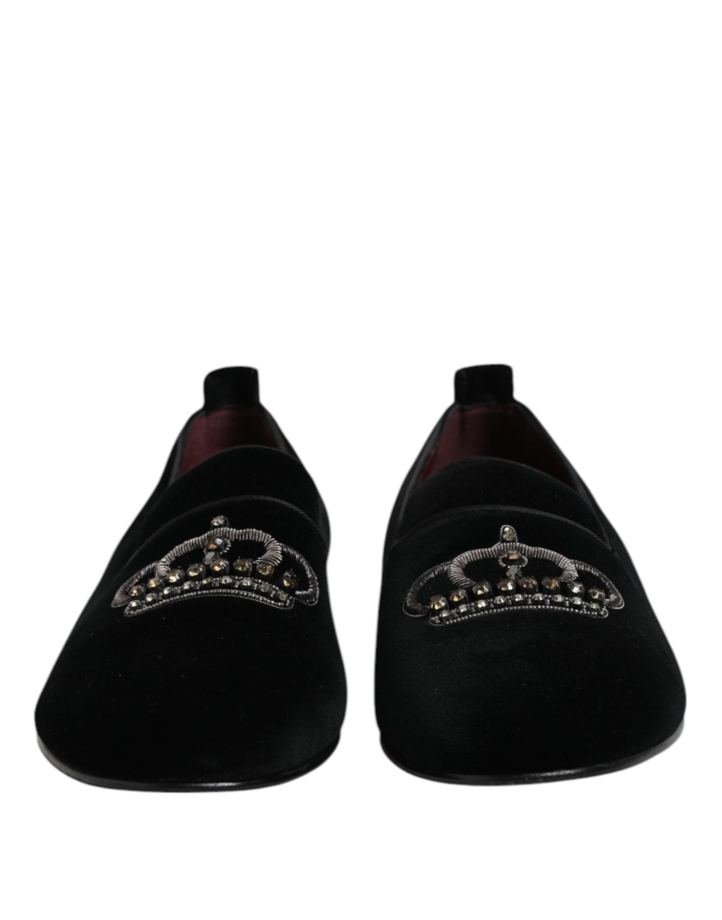 Dolce &amp; Gabbana Black Velvet Crystal Crown Loafers Dress Shoes