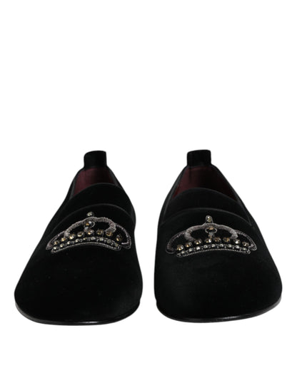 Dolce &amp; Gabbana Black Velvet Crystal Crown Loafers Dress Shoes