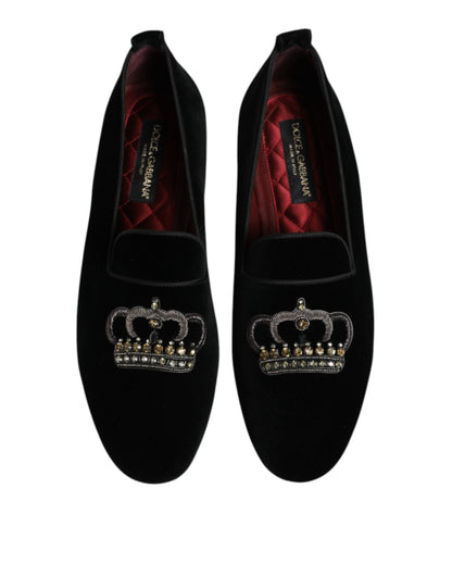 Dolce &amp; Gabbana Black Velvet Crystal Crown Loafers Dress Shoes