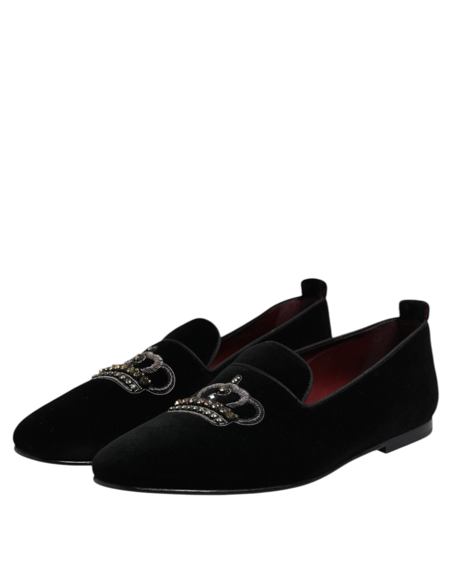 Dolce &amp; Gabbana Black Velvet Crystal Crown Loafers Dress Shoes
