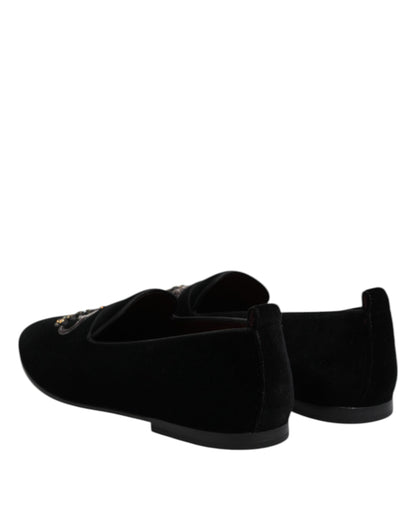 Dolce &amp; Gabbana Black Velvet Crystal Crown Loafers Dress Shoes