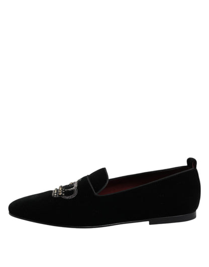Dolce &amp; Gabbana Black Velvet Crystal Crown Loafers Dress Shoes