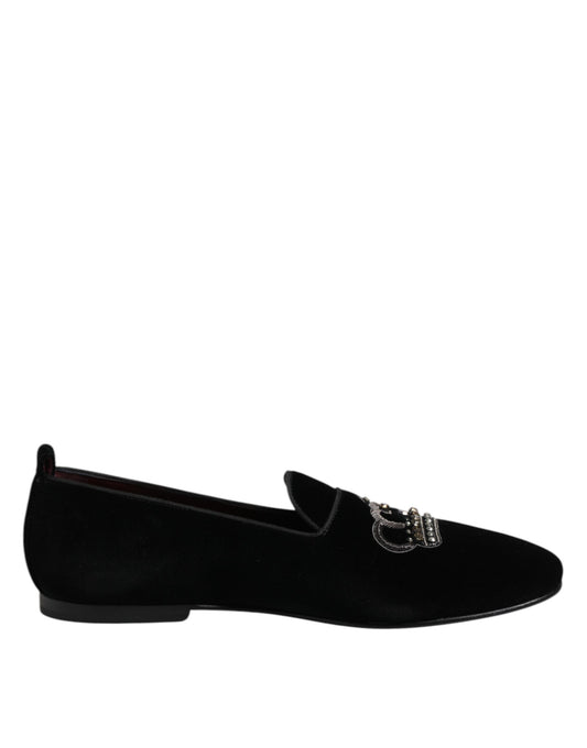 Dolce &amp; Gabbana Black Velvet Crystal Crown Loafers Dress Shoes
