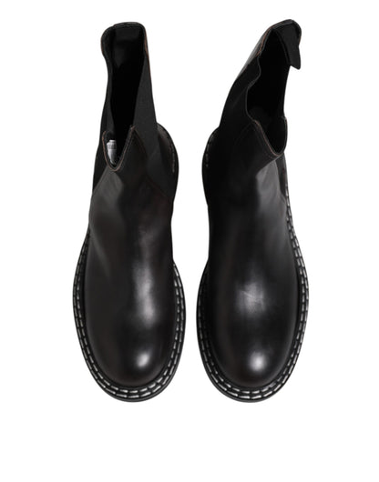 Dolce &amp; Gabbana Black Leather Mid Calf Boots Flats Shoes