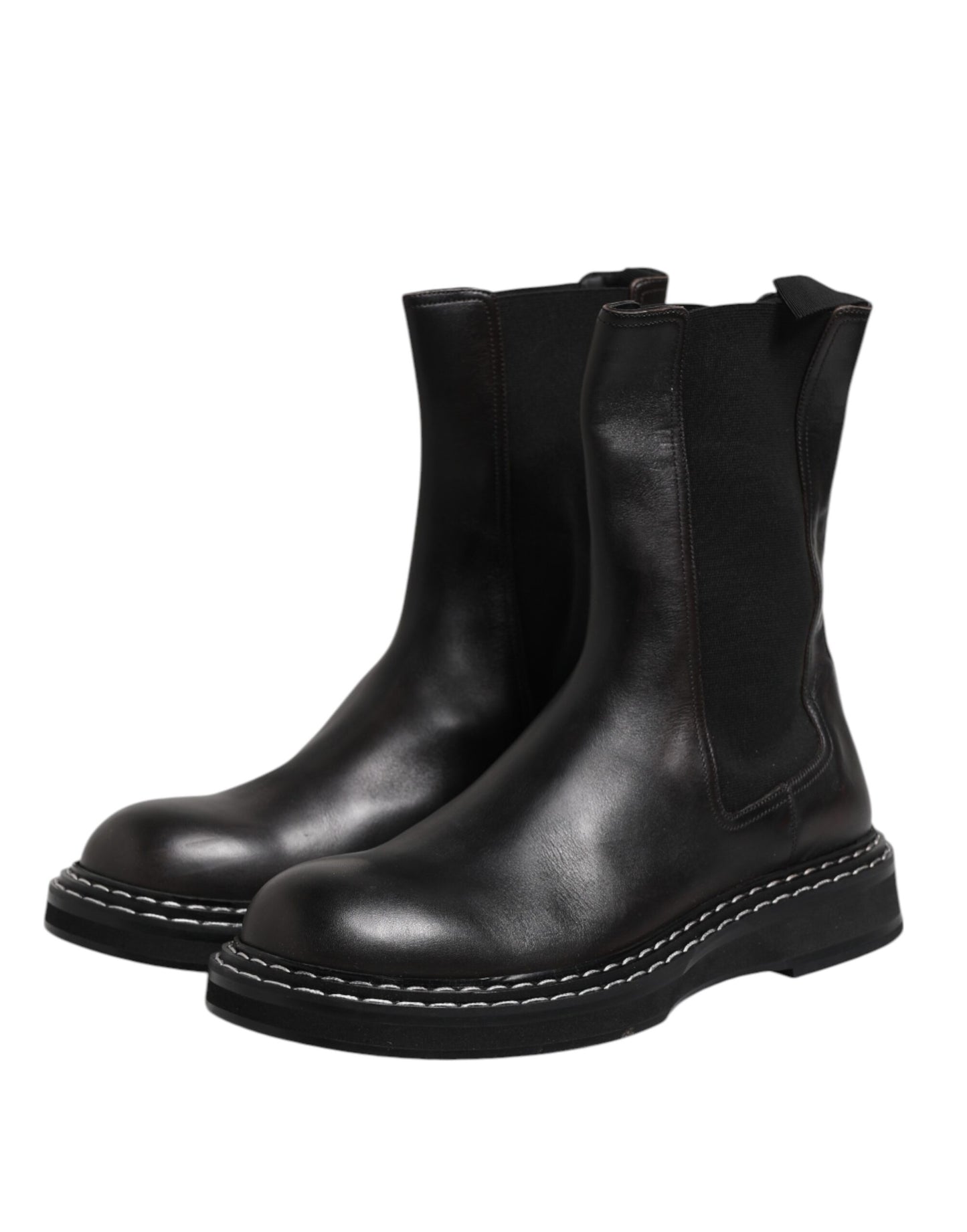 Dolce &amp; Gabbana Black Leather Mid Calf Boots Flats Shoes