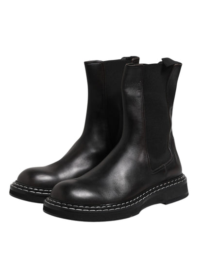 Dolce &amp; Gabbana Black Leather Mid Calf Boots Flats Shoes