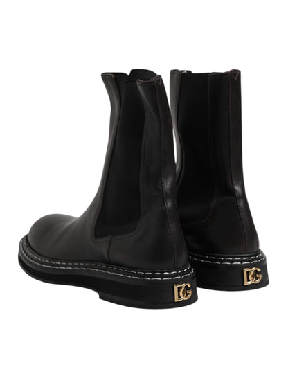 Dolce &amp; Gabbana Black Leather Mid Calf Boots Flats Shoes
