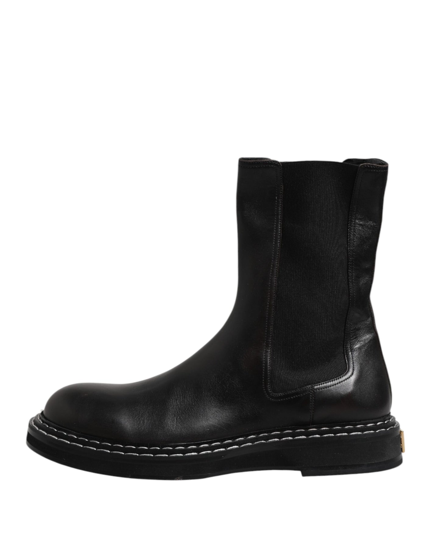 Dolce &amp; Gabbana Black Leather Mid Calf Boots Flats Shoes