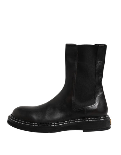 Dolce &amp; Gabbana Black Leather Mid Calf Boots Flats Shoes