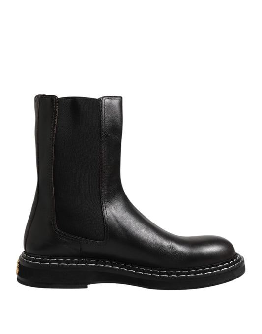 Dolce &amp; Gabbana Black Leather Mid Calf Boots Flats Shoes