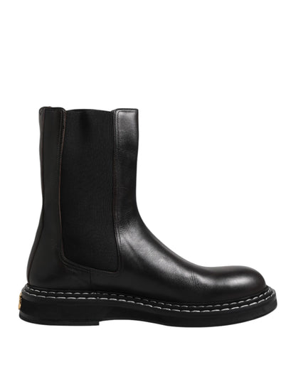 Dolce &amp; Gabbana Black Leather Mid Calf Boots Flats Shoes