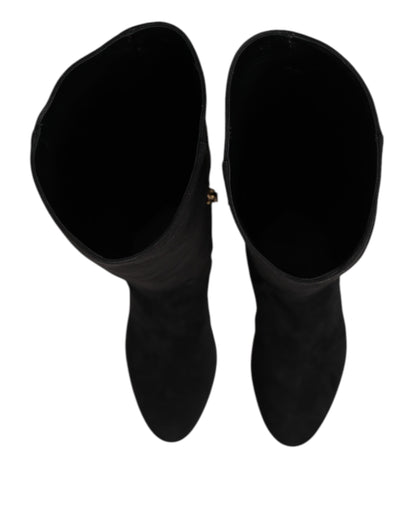Dolce &amp; Gabbana Black Suede Leather Knee High Boots Shoes