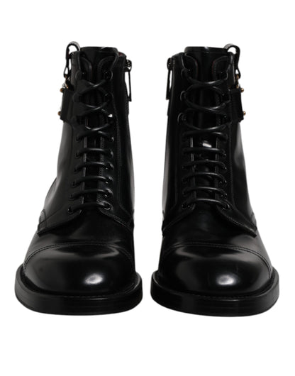 Dolce &amp; Gabbana Black Leather Mid Calf Boots Lace Up Shoes